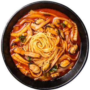 Spicy Korean-Chinese Jjamppong noodles loaded with seafood and fresh vegetables from BOBAE Global Inc. and KSBC.