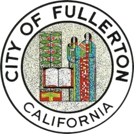 Official seal of the City of Fullerton, California, featuring stylized human figures, an open book, and tree.